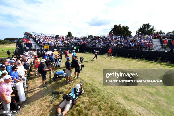 Russell Knox of Scotland tees off at the 8th during round one of the 147th Open Championship at Carnoustie Golf Club on July 19, 2018 in Carnoustie,...