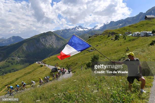 Geraint Thomas of Great Britain and Team Sky Yellow Leader Jersey / Col De La Croix De Fer / Landscape / Mountains / Fans / Public / Peloton / during...