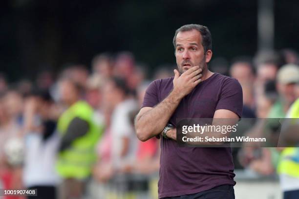 Head coach Manuel Baum of Augsburg gestures during the pre-season friendly match between SC Olching and FC Augsburg on July 19, 2018 in Olching,...
