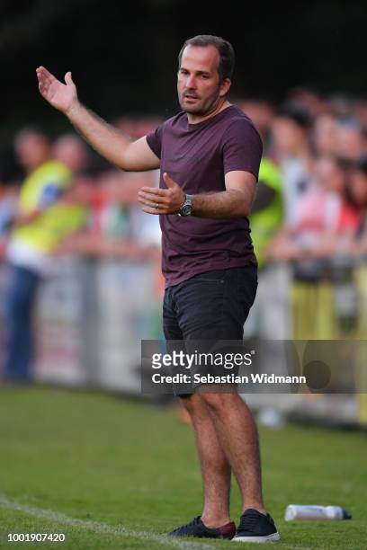 Head coach Manuel Baum of Augsburg gestures during the pre-season friendly match between SC Olching and FC Augsburg on July 19, 2018 in Olching,...