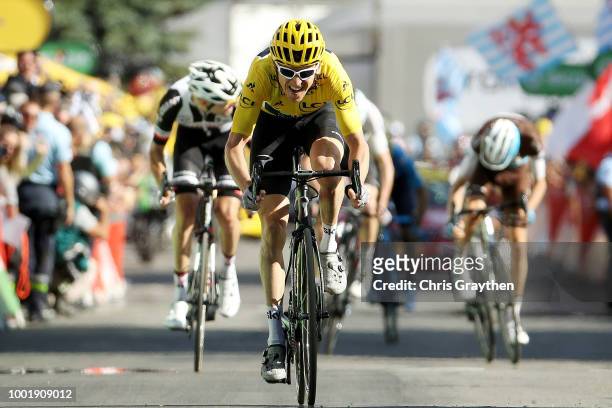 Sprint / Arrival / Geraint Thomas of Great Britain and Team Sky Yellow Leader Jersey /Tom Dumoulin of The Netherlands and Team Sunweb / Romain Bardet...