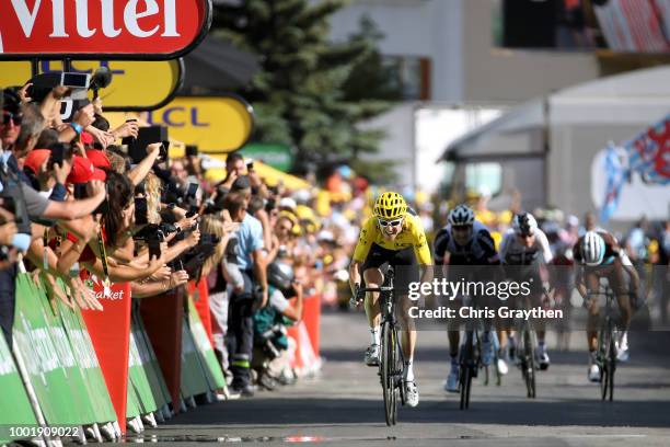 Sprint / Arrival / Geraint Thomas of Great Britain and Team Sky Yellow Leader Jersey /Tom Dumoulin of The Netherlands and Team Sunweb / Romain Bardet...