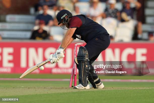 Richard Levi of Northamptonshire is bowled during the Vitality Blast match between Northamptonshire Steelbacks and Derbyshire Falcons at The County...