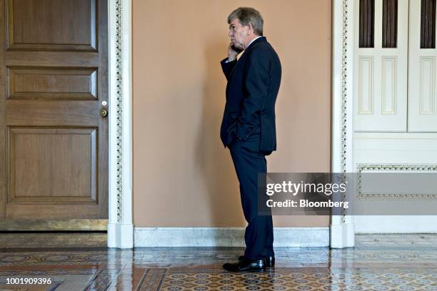 Senator Roy Blunt, a Republican from Missouri, talks on a mobile device outside a meeting at the U.S. Capitol in Washington, D.C., U.S., on Thursday,...