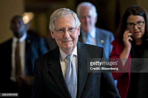 Senate Majority Leader Mitch McConnell, a Republican from Kentucky, walks to a meeting at the U.S. Capitol in Washington, D.C., U.S., on Thursday,...