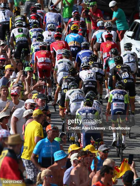 The peloton climbs up Alpe d'Huez during Stage 12, a 175.5km stage from Bourg-Saint-Maurice Les Arcs to Alpe d'Huez, of the 105th Tour de France...