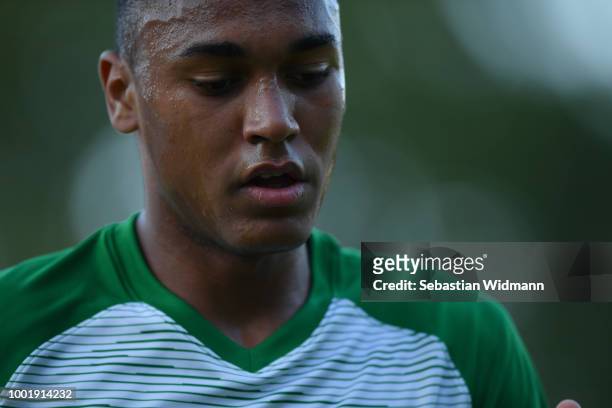 Maurice Malone of Augsburg looks down during the pre-season friendly match between SC Olching and FC Augsburg on July 19, 2018 in Olching, Germany.