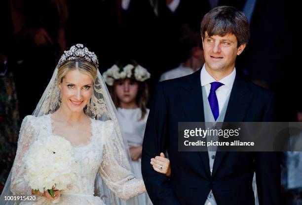 Prince Ernst August of Hanover and Ekaterina of Hanover leave the church after their church wedding at the Marktkirche church in Hanover, Germany, 8...