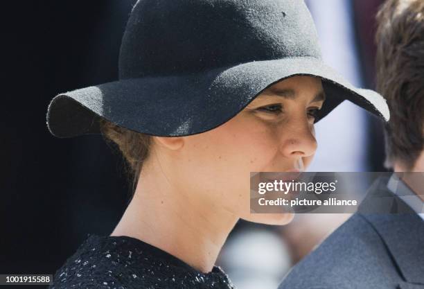 Charlotte Casiraghi, photographed at the church wedding of Prince Ernst August of Hanover and Ekaterina of Hanover at the Marktkirche church in...