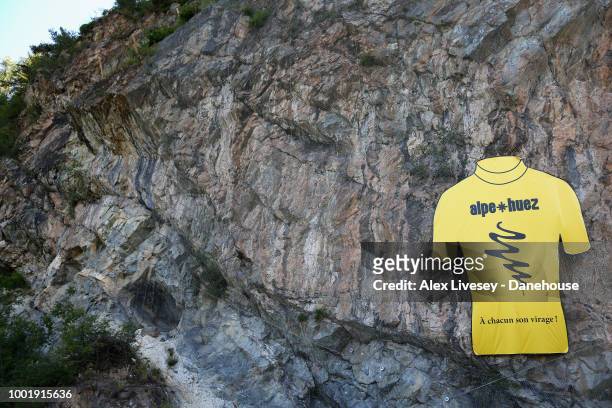 Yellow jersey sign is seen prior to Stage 12, a 175.5km stage from Bourg-Saint-Maurice Les Arcs to Alpe d'Huez, of the 105th Tour de France 2018, on...
