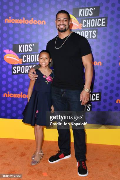 Joelle Anoa'i and WWE wrestler Roman Reigns attend the Nickelodeon Kids' Choice Sports 2018 at Barker Hangar on July 19, 2018 in Santa Monica,...