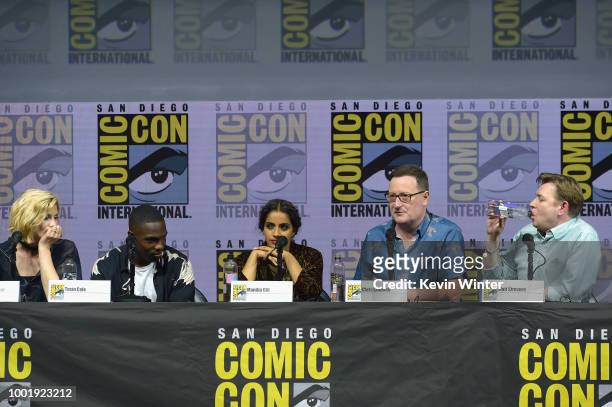 Jodie Whittaker, Tosin Cole, Mandip Gill, Chris Chibnall, and Matt Strevens speak onstage during the Doctor Who: BBC America's Official panel during...