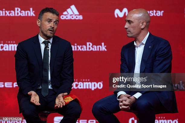 Luis Enrique Martinez speaks next to Luis Manuel Rubiales , President of Spanish Royal Football Federation during Luis Enrique Martinez presentation...