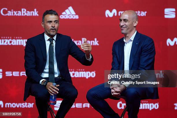 Luis Enrique Martinez speaks next to Luis Manuel Rubiales , President of Spanish Royal Football Federation during Luis Enrique Martinez presentation...