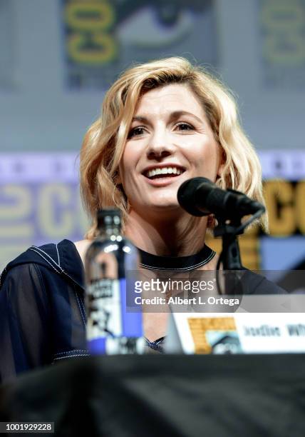 Jodie Whittaker speaks onstage during the Doctor Who: BBC America's Official panel during Comic-Con International 2018 at San Diego Convention Center...