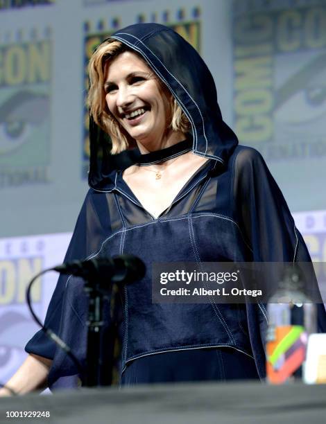 Jodie Whittaker speaks onstage during the Doctor Who: BBC America's Official panel during Comic-Con International 2018 at San Diego Convention Center...