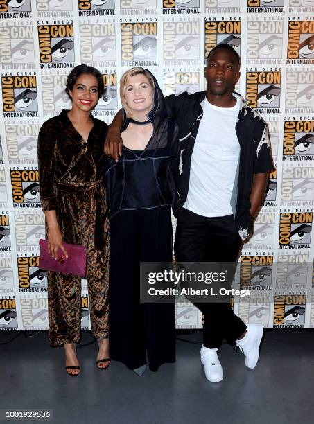 Mandip Gill, Jodie Whittaker and Tosin Cole pose during the Doctor Who: BBC America's Official panel during Comic-Con International 2018 at San Diego...