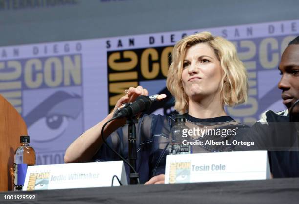 Jodie Whittaker speaks onstage during the Doctor Who: BBC America's Official panel during Comic-Con International 2018 at San Diego Convention Center...