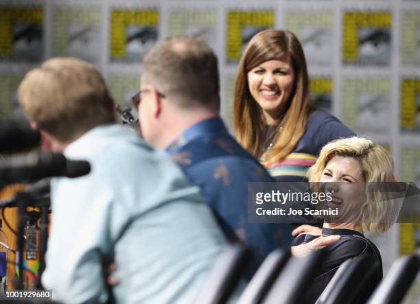Terri Schwartz and Jodie Whittaker speak onstage during the Doctor Who: BBC America's Official panel during Comic-Con International 2018 at San Diego...