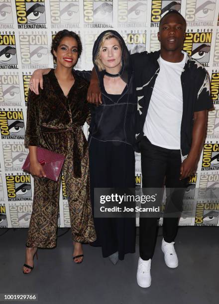 Mandip Gill, Jodie Whittaker and Tosin Cole pose during the Doctor Who: BBC America's Official panel during Comic-Con International 2018 at San Diego...