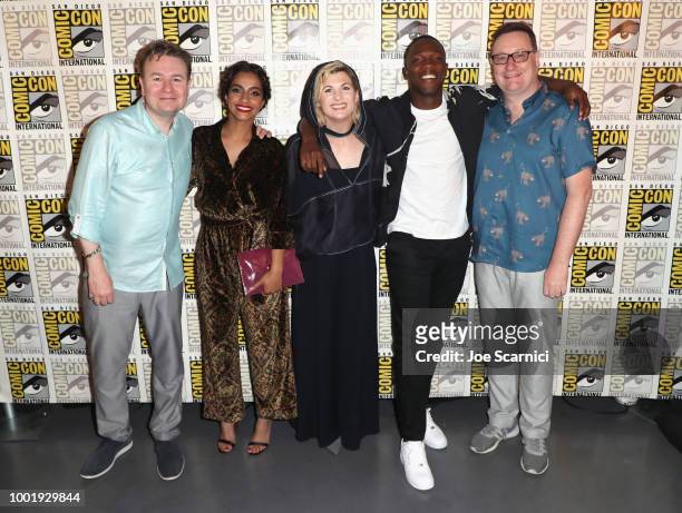 Matt Strevens, Mandip Gill, Jodie Whittaker, Tosin Cole, and Chris Chibnall pose during the Doctor Who: BBC America's Official panel during Comic-Con...