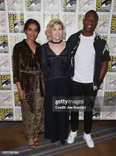 Mandip Gill, Jodie Whittaker and Tosin Cole pose during the Doctor Who: BBC America's Official panel during Comic-Con International 2018 at San Diego...