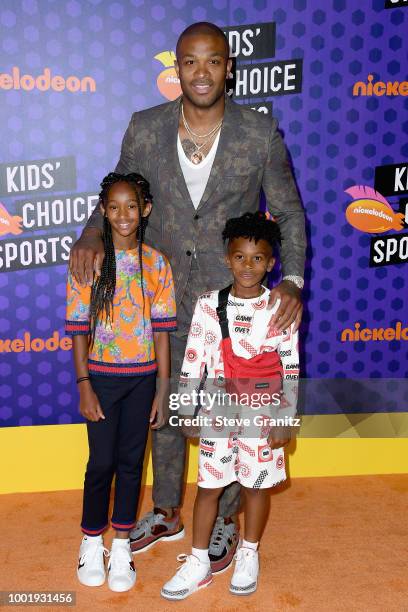 Aaliyah Tucker, NBA player P. J. Tucker, and King Tucker attend the Nickelodeon Kids' Choice Sports 2018 at Barker Hangar on July 19, 2018 in Santa...