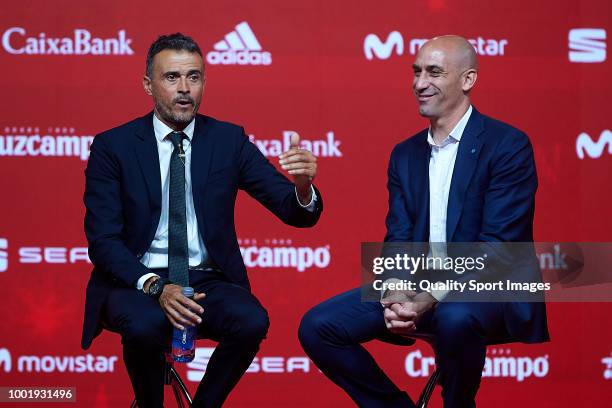 Luis Enrique Martinez speaks next to Luis Manuel Rubiales , President of Spanish Royal Football Federation during Luis Enrique Martinez presentation...