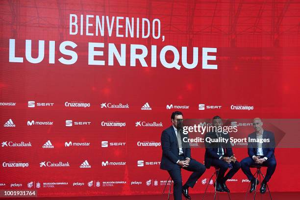 Luis Enrique Martinez , Luis Manuel Rubiales , President of Spanish Royal Football Federation and Jose Francisco Molina speak during Luis Enrique...
