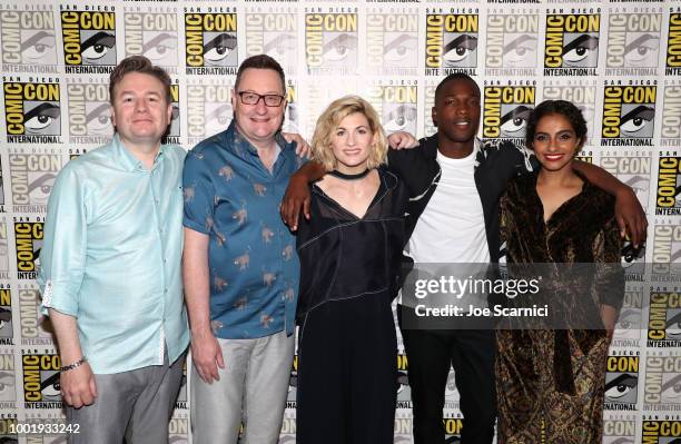 Matt Strevens, Chris Chibnall, Jodie Whittaker, Tosin Cole, and Mandip Gill pose during the Doctor Who: BBC America's Official panel during Comic-Con...