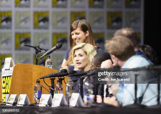 Terri Schwartz, Jodie Whittaker, Tosin Cole, Mandip Gill, Chris Chibnall, and Matt Strevens speak onstage during the Doctor Who: BBC America's...