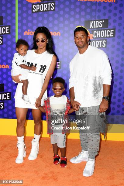 Sienna Princess Wilson, Ciara, Future Zahir Wilburn, and NFL player Russell Wilson attend the Nickelodeon Kids' Choice Sports 2018 at Barker Hangar...