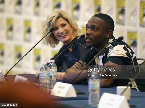 Jodie Whittaker and Tosin Cole speak onstage during the Doctor Who: BBC America's Official panel during Comic-Con International 2018 at San Diego...