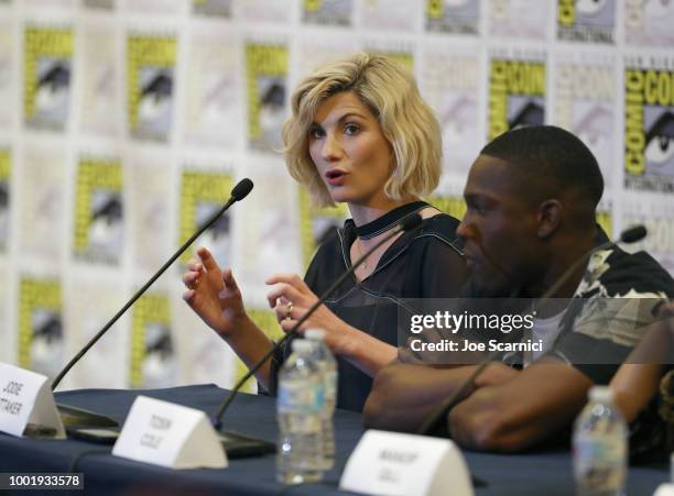 Jodie Whittaker and Tosin Cole speak onstage during the Doctor Who: BBC America's Official panel during Comic-Con International 2018 at San Diego...