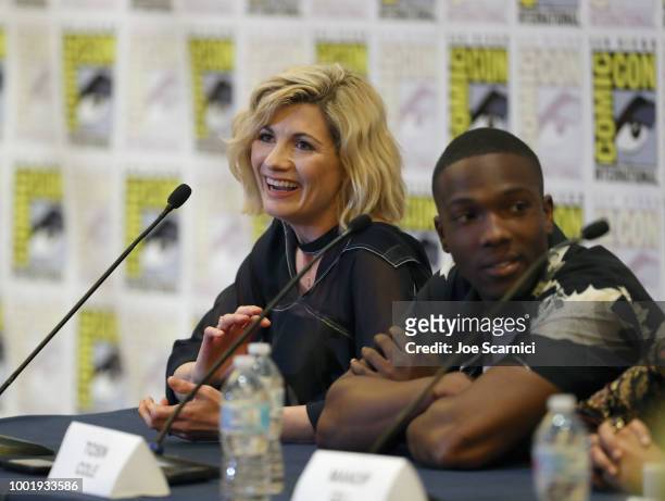Jodie Whittaker and Tosin Cole speak onstage during the Doctor Who: BBC America's Official panel during Comic-Con International 2018 at San Diego...