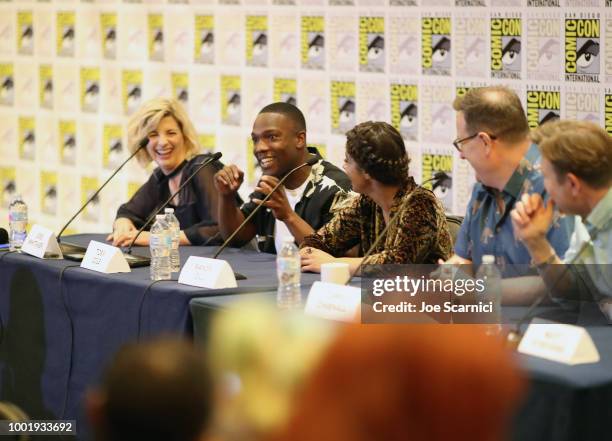 Jodie Whittaker, Tosin Cole, Mandip Gill, Chris Chibnall, and Matt Strevens speak onstage during the Doctor Who: BBC America's Official panel during...