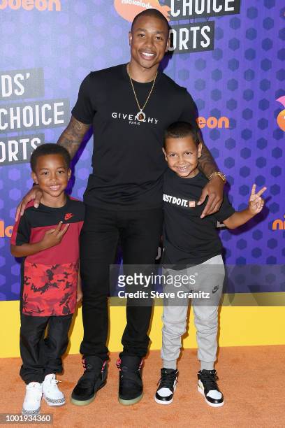 Jaiden Thomas, NBA player Isaiah Thomas, and James Thomas attend the Nickelodeon Kids' Choice Sports 2018 at Barker Hangar on July 19, 2018 in Santa...