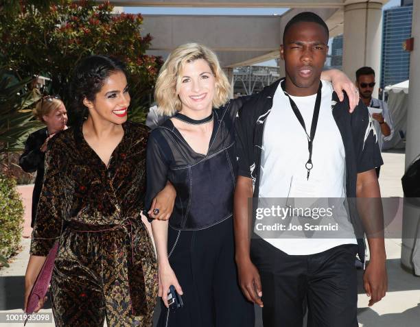 Mandip Gill, Jodie Whittaker and Tosin Cole pose during the Doctor Who: BBC America's Official panel during Comic-Con International 2018 at San Diego...