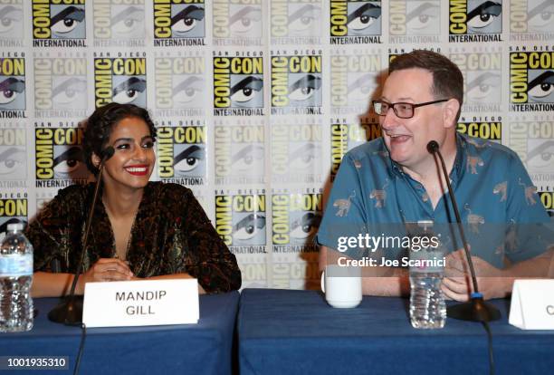 Mandip Gill and Chris Chibnall attend BBC America's "Doctor Who" at Comic-Con International 2018 at San Diego Convention Center on July 19, 2018 in...