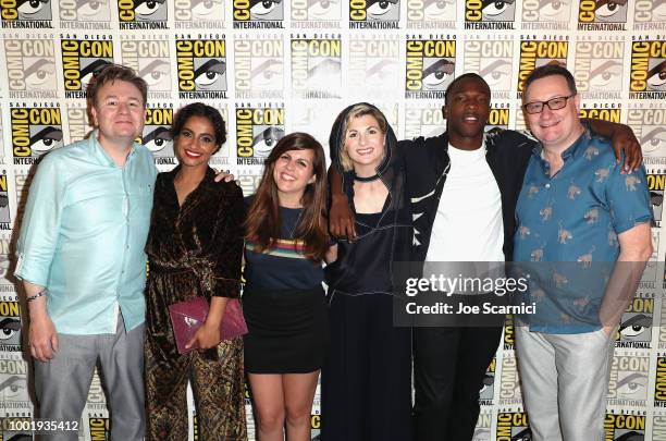 Matt Strevens, Mandip Gill, Terri Schwartz, Jodie Whittaker, Tosin Cole, and Chris Chibnall attend BBC America's "Doctor Who" at Comic-Con...