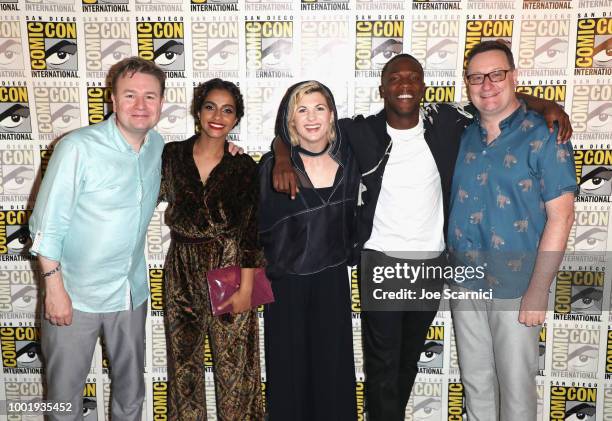 Matt Strevens, Mandip Gill, Jodie Whittaker, Tosin Cole, and Chris Chibnall attend BBC America's "Doctor Who" at Comic-Con International 2018 at San...