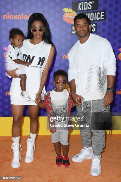 Sienna Princess Wilson, Ciara, Future Zahir Wilburn, and NFL player Russell Wilson attend the Nickelodeon Kids' Choice Sports 2018 at Barker Hangar...