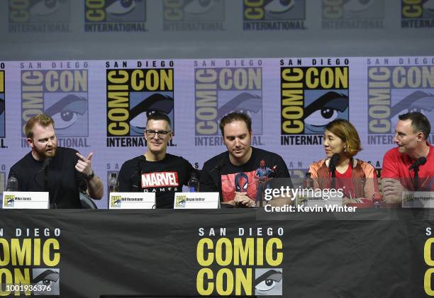 Mike Jones, Bill Rosemann, Bryan Intihar, Jacinda Chew, and Jon Paquette speak onstage during the Marvel Games Panel during Comic-Con International...
