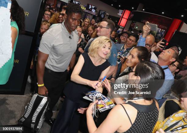 Jodie Whittaker poses with fans at BBC America's "Doctor Who" at Comic-Con International 2018 at San Diego Convention Center on July 19, 2018 in San...