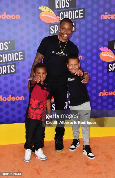 James Thomas, NBA player Isaiah Thomas, and Jaiden Thomas attend the Nickelodeon Kids' Choice Sports 2018 at Barker Hangar on July 19, 2018 in Santa...