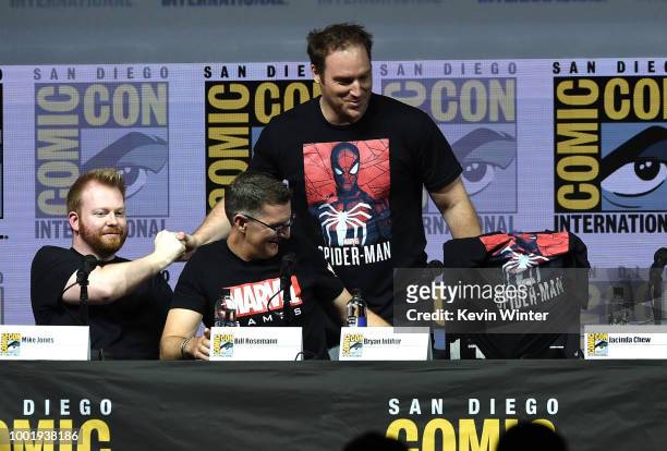 Mike Jones, Bill Rosemann and Bryan Intihar speak onstage during the Marvel Games Panel during Comic-Con International 2018 at San Diego Convention...