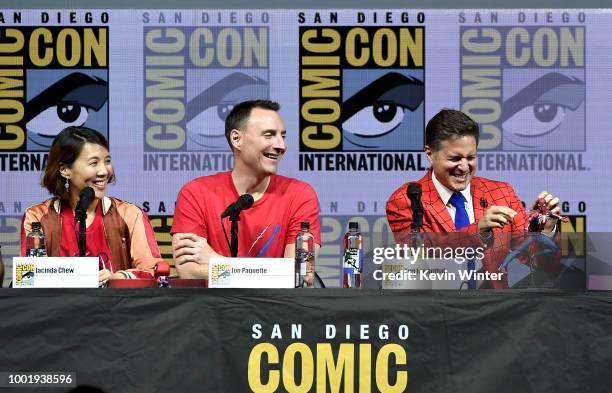 Jacinda Chew, Jon Paquette and Yuri Lowenthal speak onstage during the Marvel Games Panel during Comic-Con International 2018 at San Diego Convention...