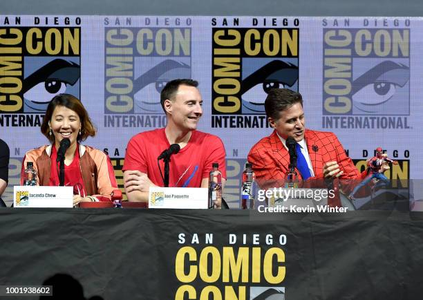 Jacinda Chew, Jon Paquette and Yuri Lowenthal speak onstage during the Marvel Games Panel during Comic-Con International 2018 at San Diego Convention...