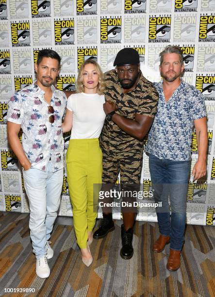 Jay Hernandez, Perdita Weeks, Stephen Hill and Zachary Knighton of 'Magnum P.I.' attend CBS Television Studios Press Line during Comic-Con...