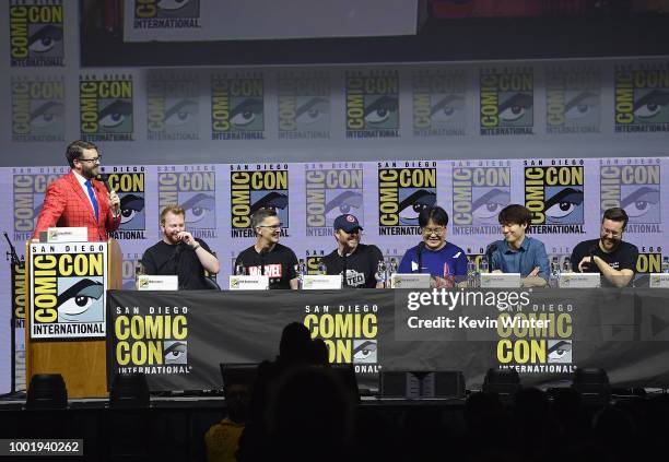 Greg Miller, Mike Jones, Bill Rosemann, Mat Kraemer, Heeyoung Lee, Pine Sohn, and Jason Bender speak onstage during the Marvel Games Panel during...